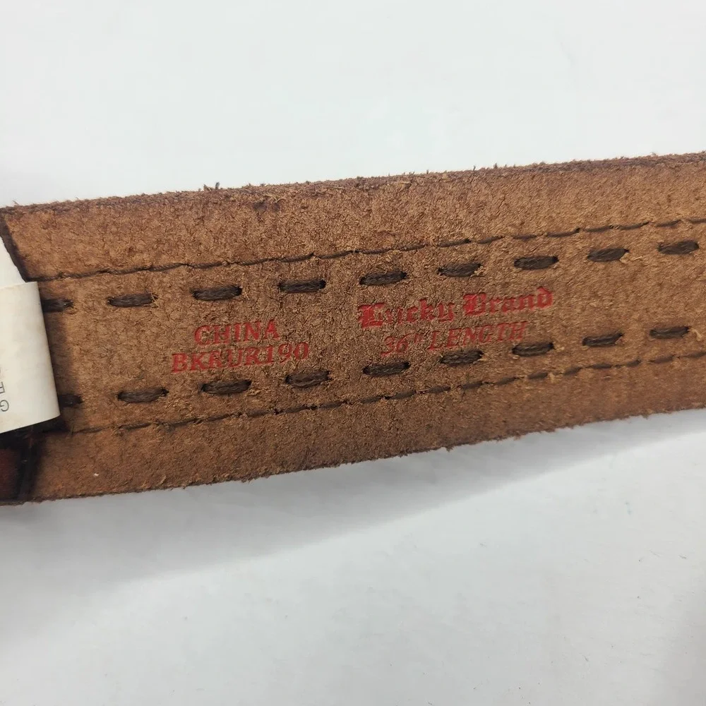 Vtg Lucky Brand Leather Belt‎ Brown Tan 36 Wide Bohemian Western Stitch Unisex